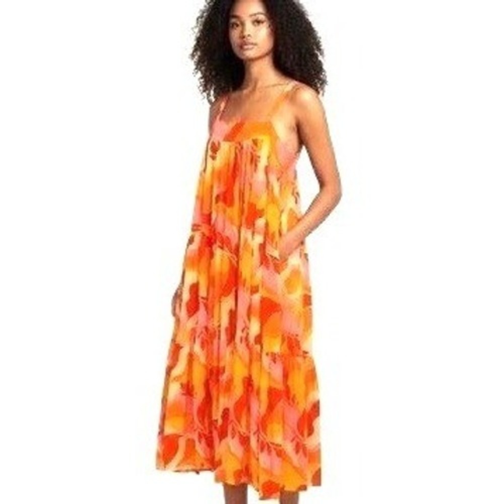 Abel The Label Maxi Dress Women XS Orange Pink Tiered Boho Floral Tropical Beach